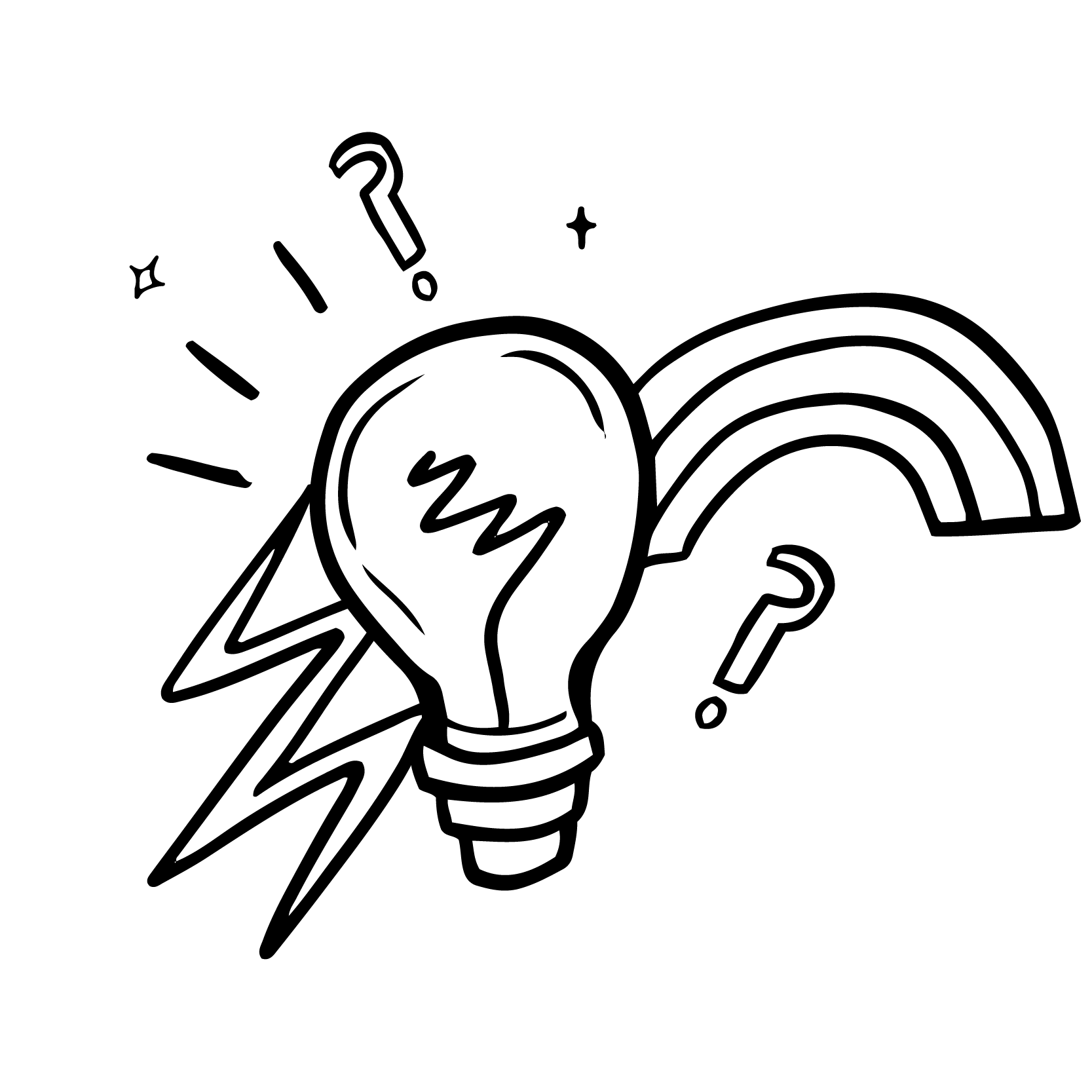 A lightbulb flashing on with a rainbow behind and surrounded by question marks